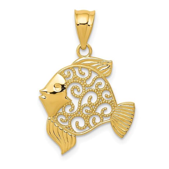 14k Yellow Gold Filigree Fish Pendant 17mm